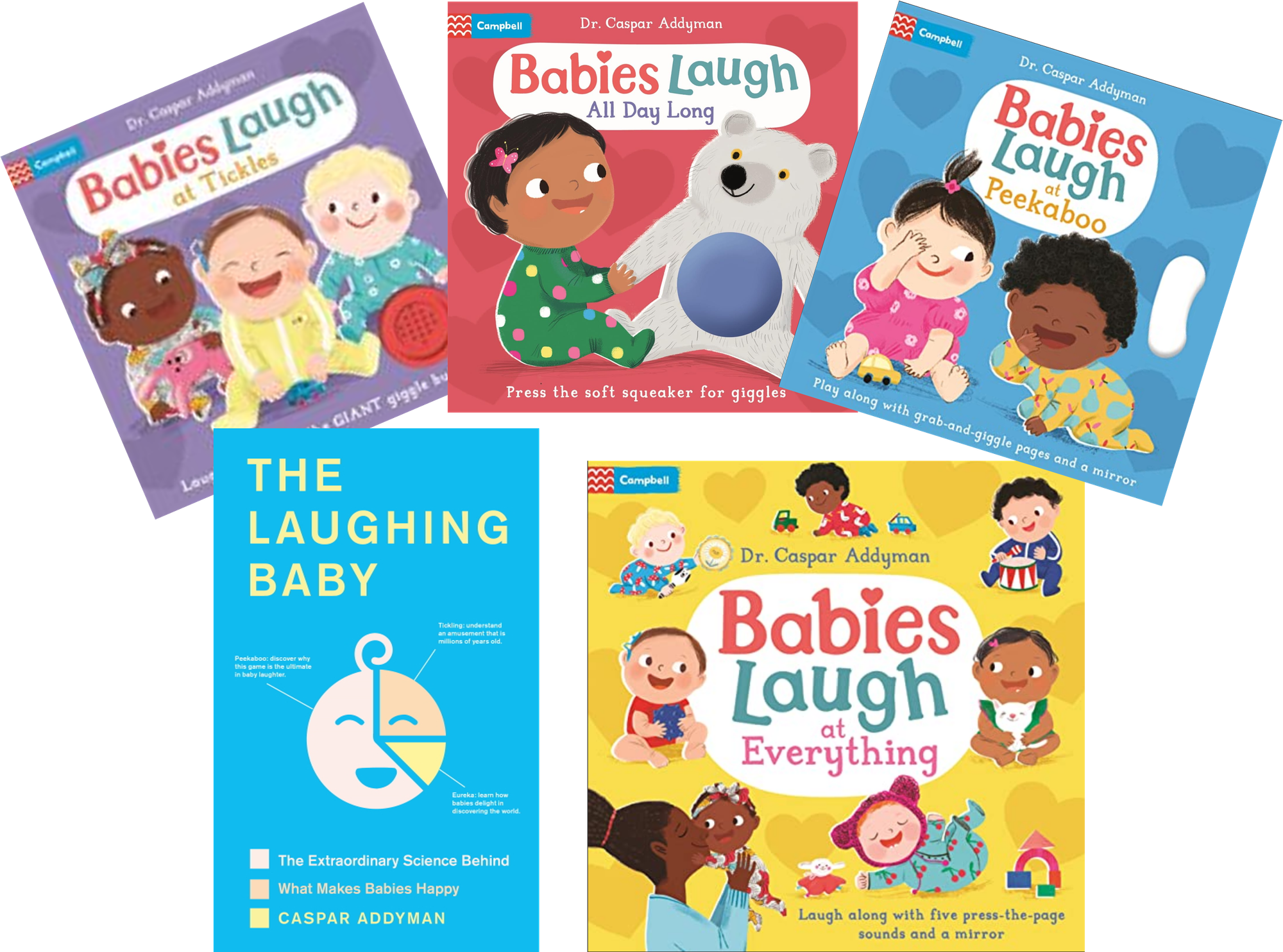 Covers of Caspar's five books about Laughing Babies