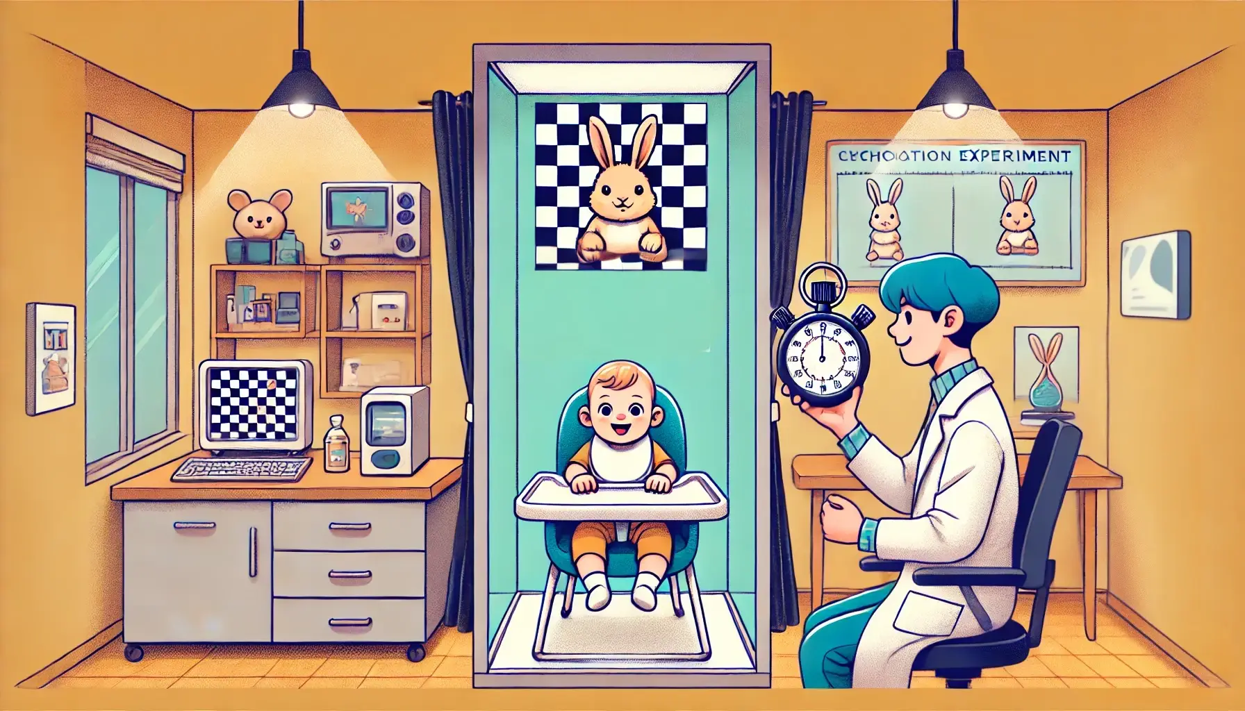 The scene is modern child friendly psychology lab. In a cubicle curtained off with black curtains, A human baby sits in a hig