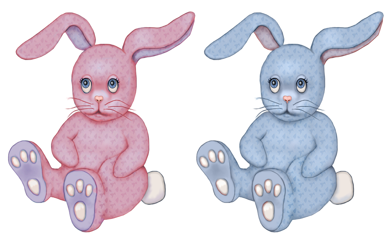 two toy bunnies one pink, one blue