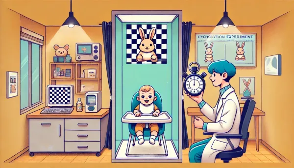 The scene is modern child friendly psychology lab. In a cubicle curtained off with black curtains, A human baby sits in a hig